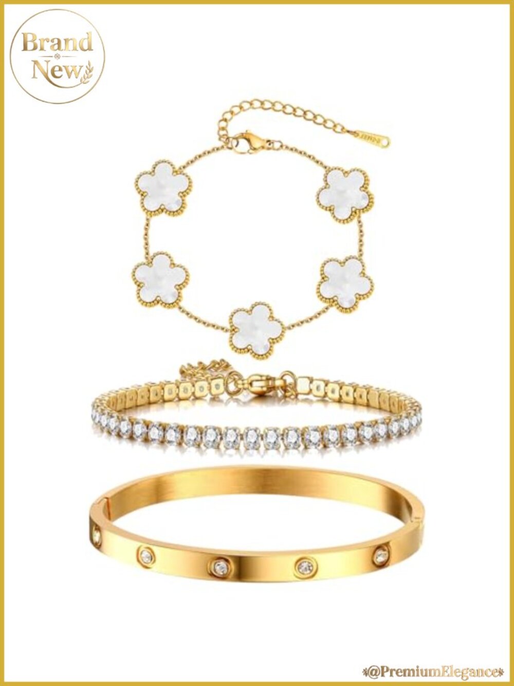 18K Gold Plated Stackable Bracelet Set Women 3PCS Bangle Tennis Chain Clover
